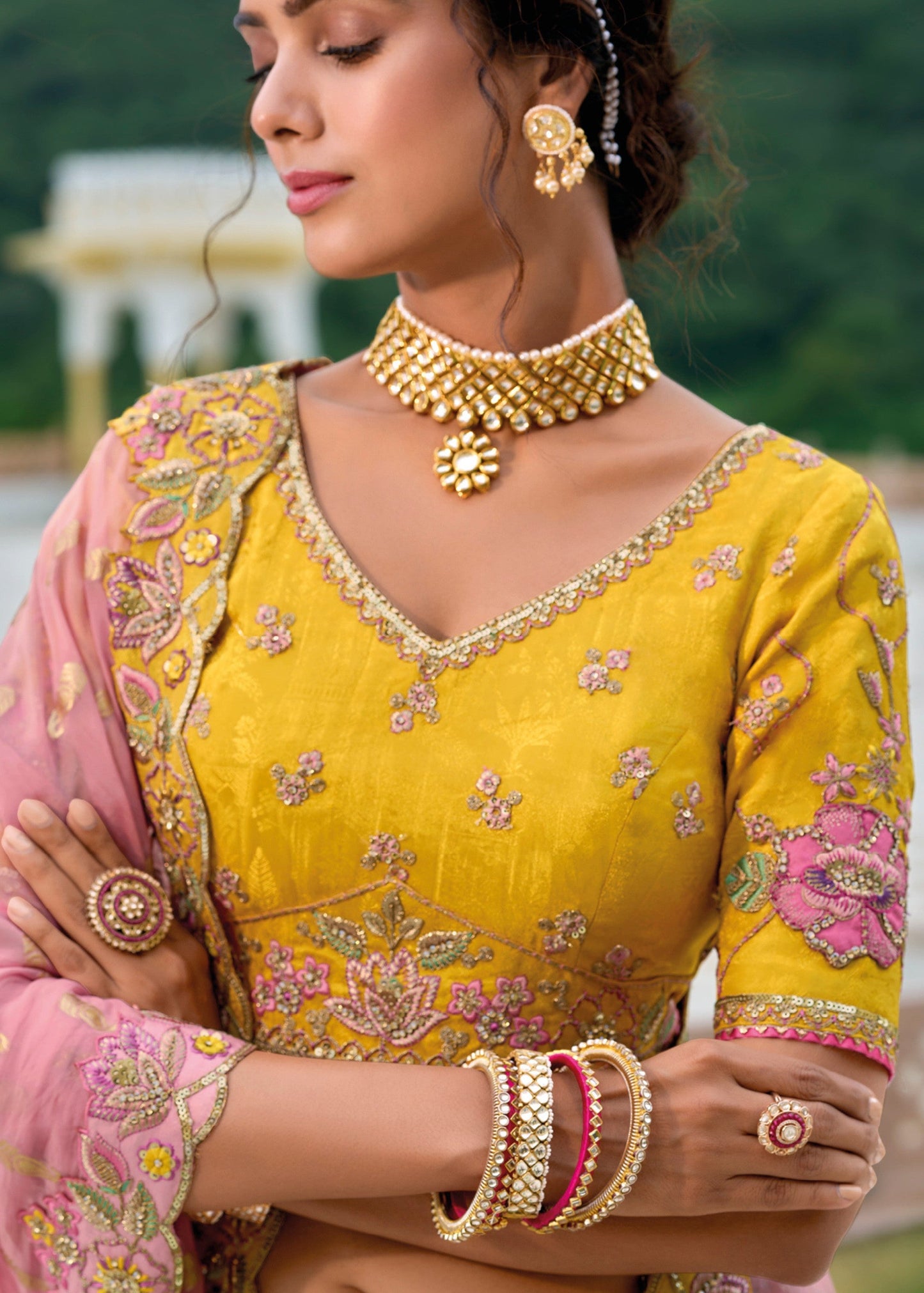 Canary Yellow and Pink Viscose Tissue Lehenga Choli with Embroidery Work