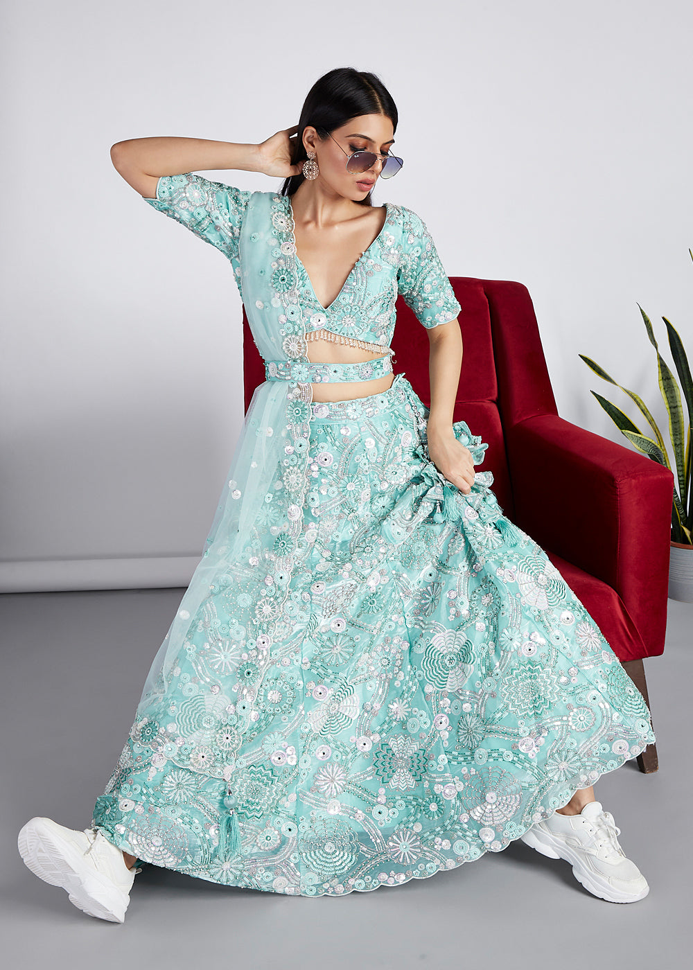 Turquoise Blue Organza Lehenga Choli with Sequins, Zarkan & Thread Embroidery work