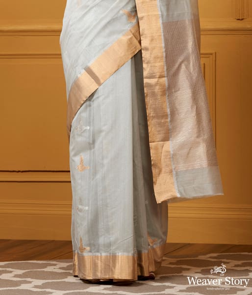 Handwoven Grey Bird Motif Saree