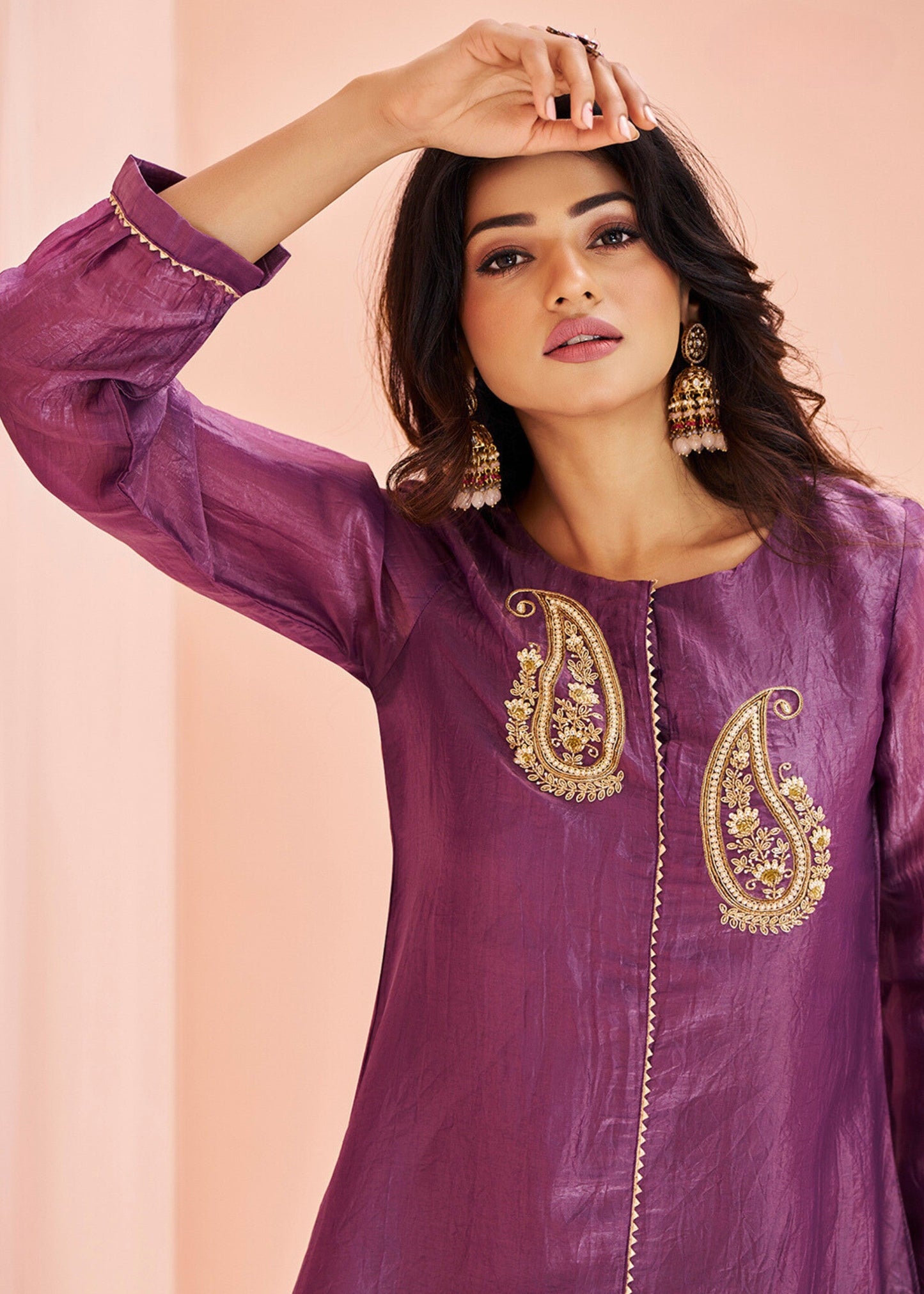 Purple Organza Handwork Kurta with Pant