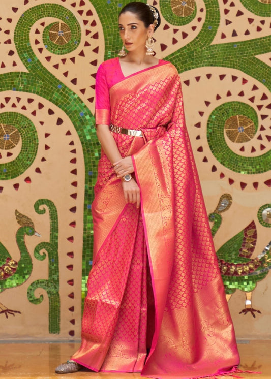 Hot Pink Zari Woven Kanjivaram Silk Saree