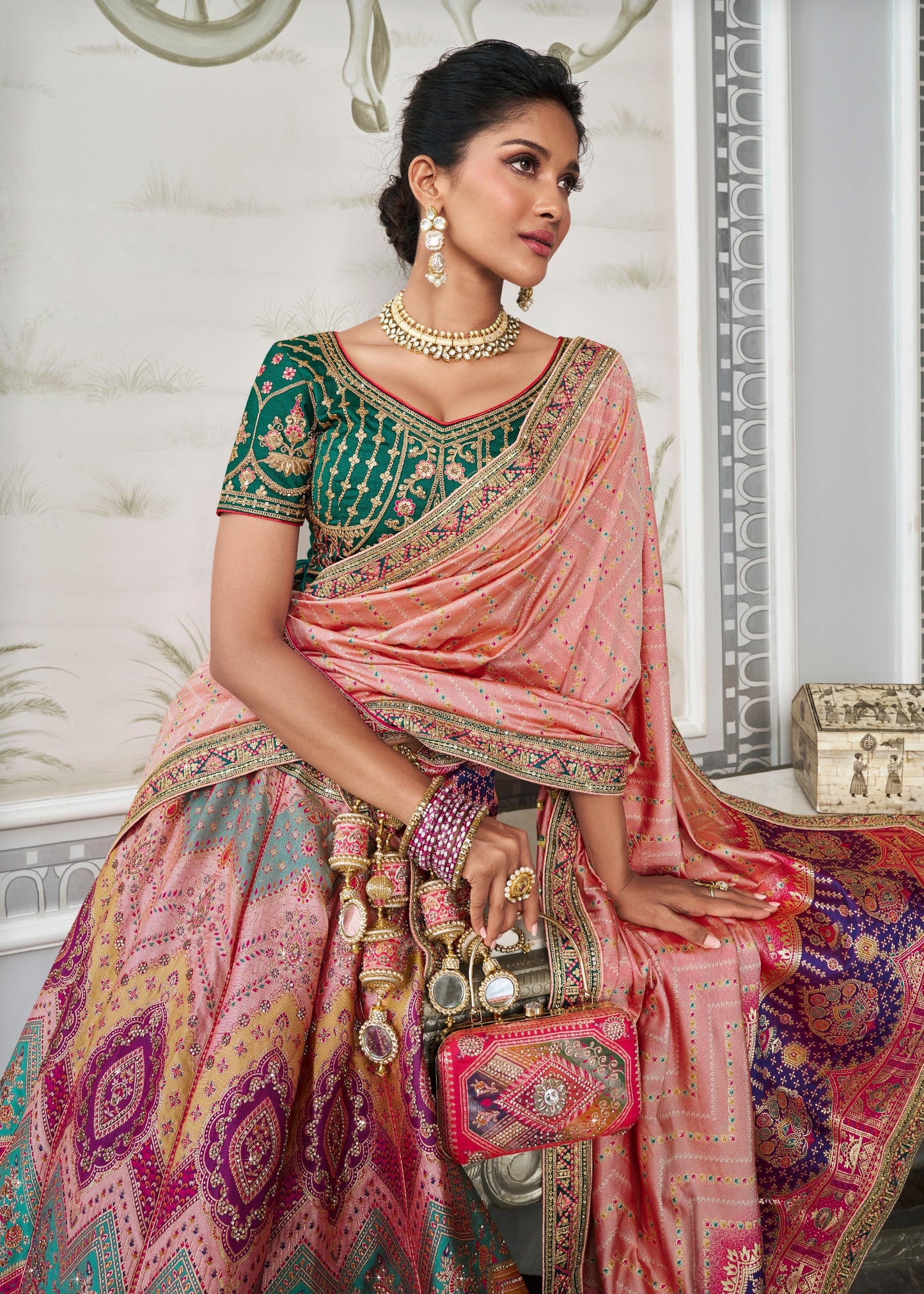 Green & Pink Banarasi Silk Lehenga with Zarkan Codding work