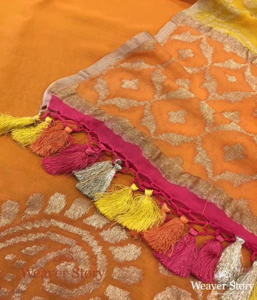 Handwoven Ombre Dye Orange and Yellow Banarasi Georgette Dupatta