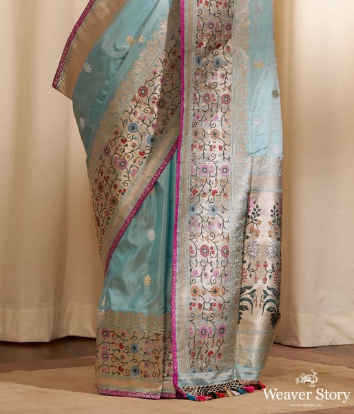 Handwoven Light Blue Trishul Boota Saree with Pachhera Border in Pink