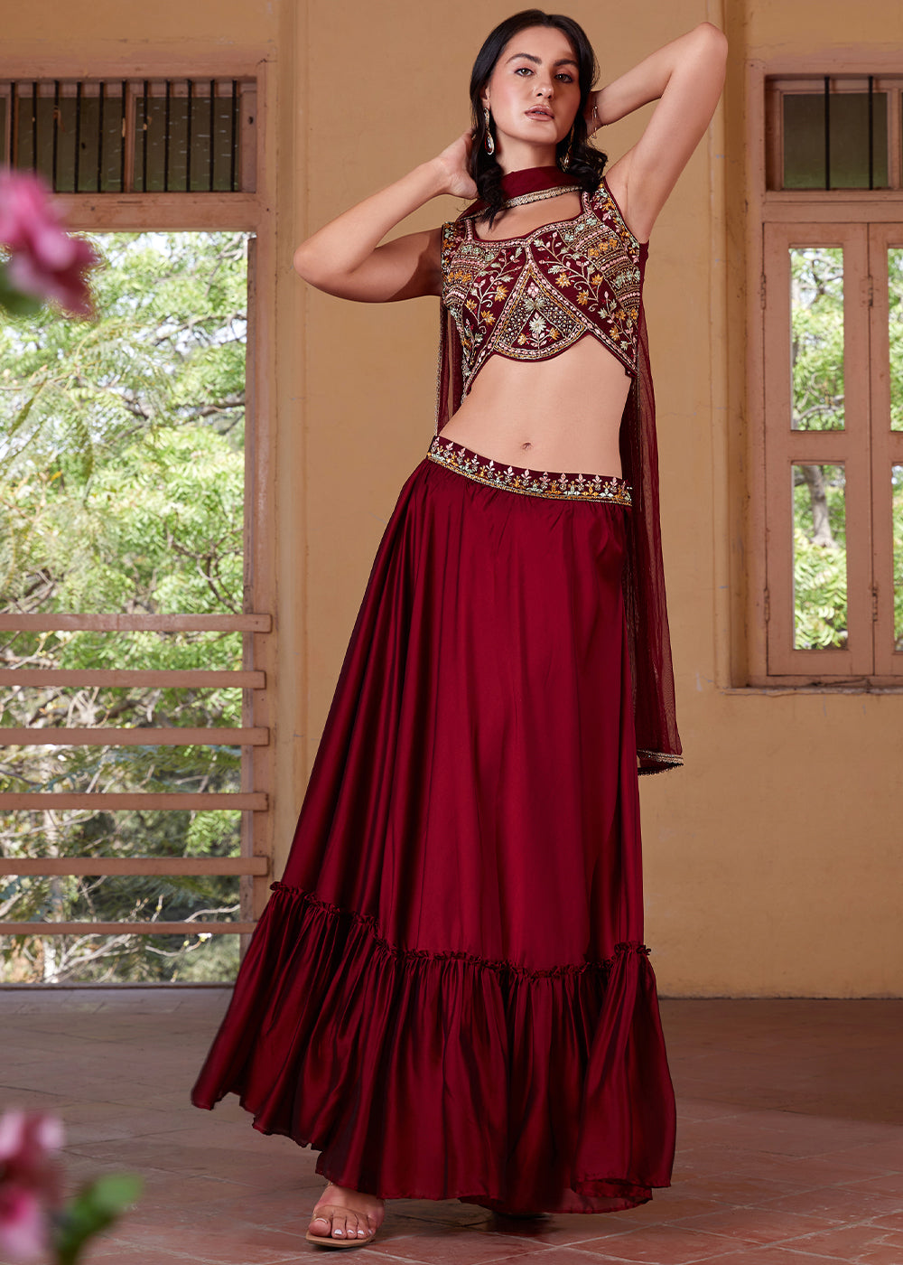 Cherry Red Georgette lehenga Choli with Embroidery work