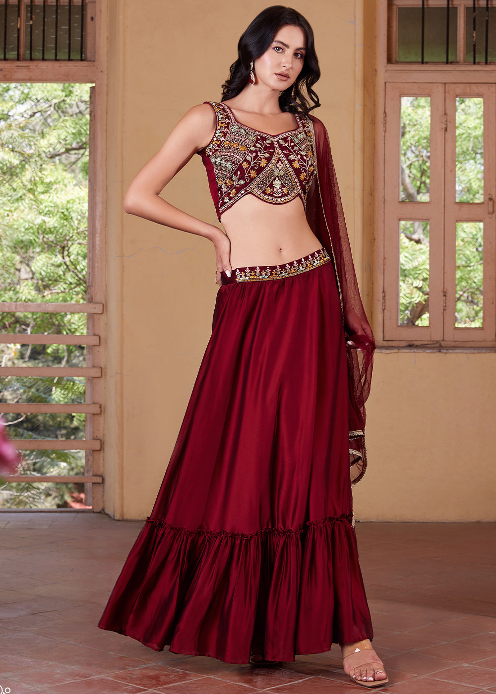 Cherry Red Georgette lehenga Choli with Embroidery work