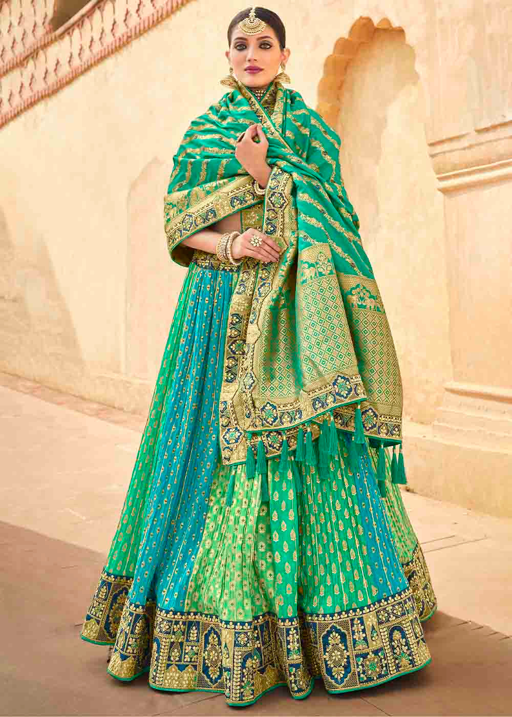 Sea Green Banarasi Silk Lehenga Choli with Khatli work Embroidery: Top Pick