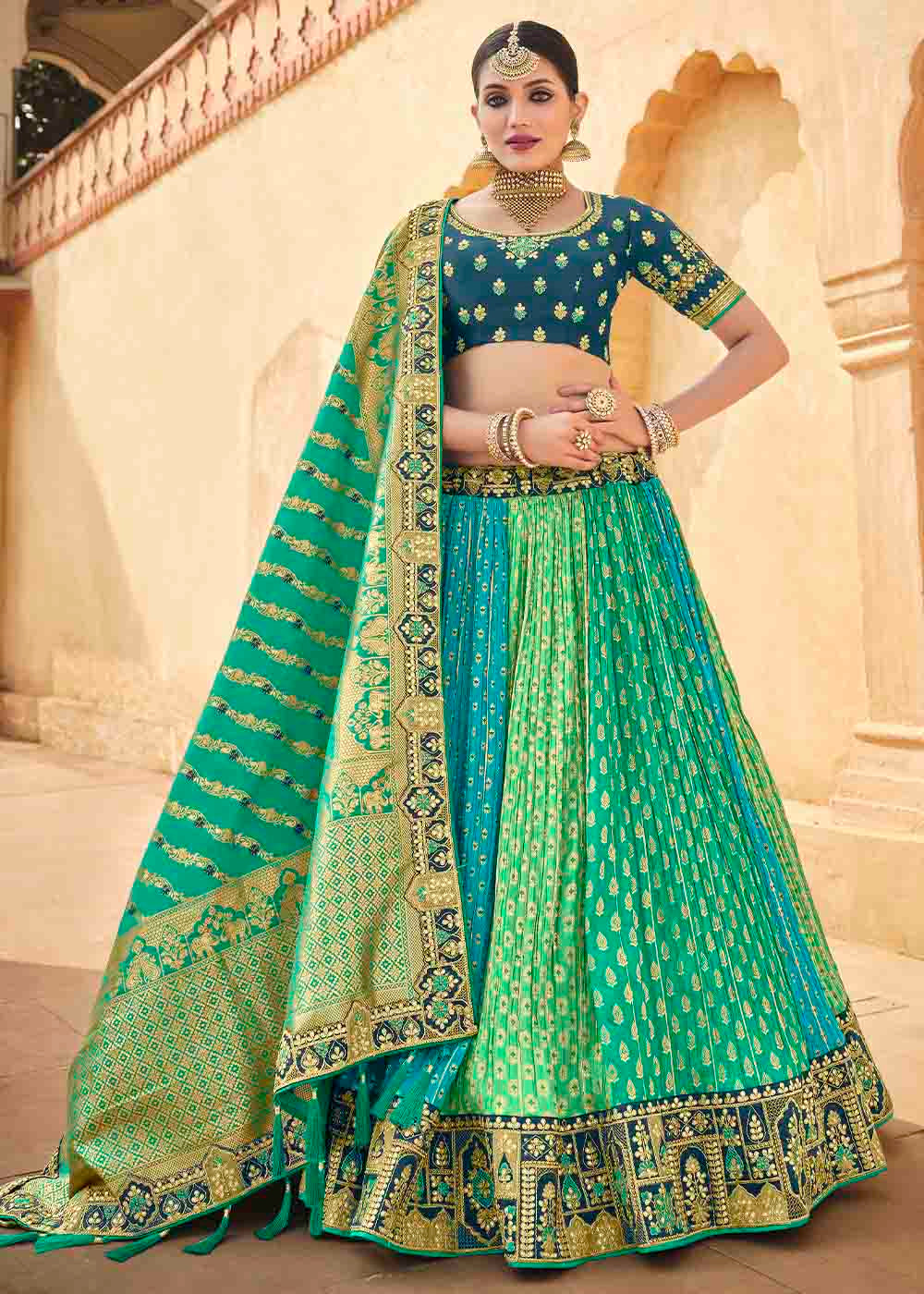 Sea Green Banarasi Silk Lehenga Choli with Khatli work Embroidery: Top Pick