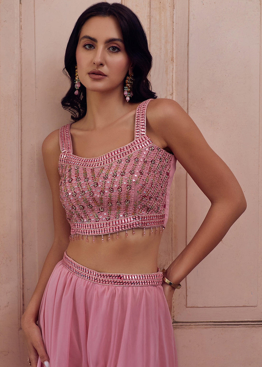 Ballet Slipper Pink Georgette Sharara Choli with Embroidery work