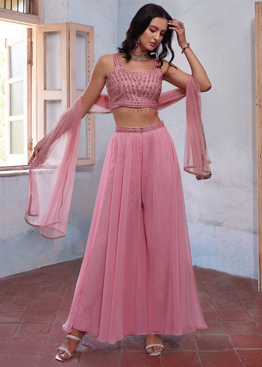 Ballet Slipper Pink Georgette Sharara Choli with Embroidery work