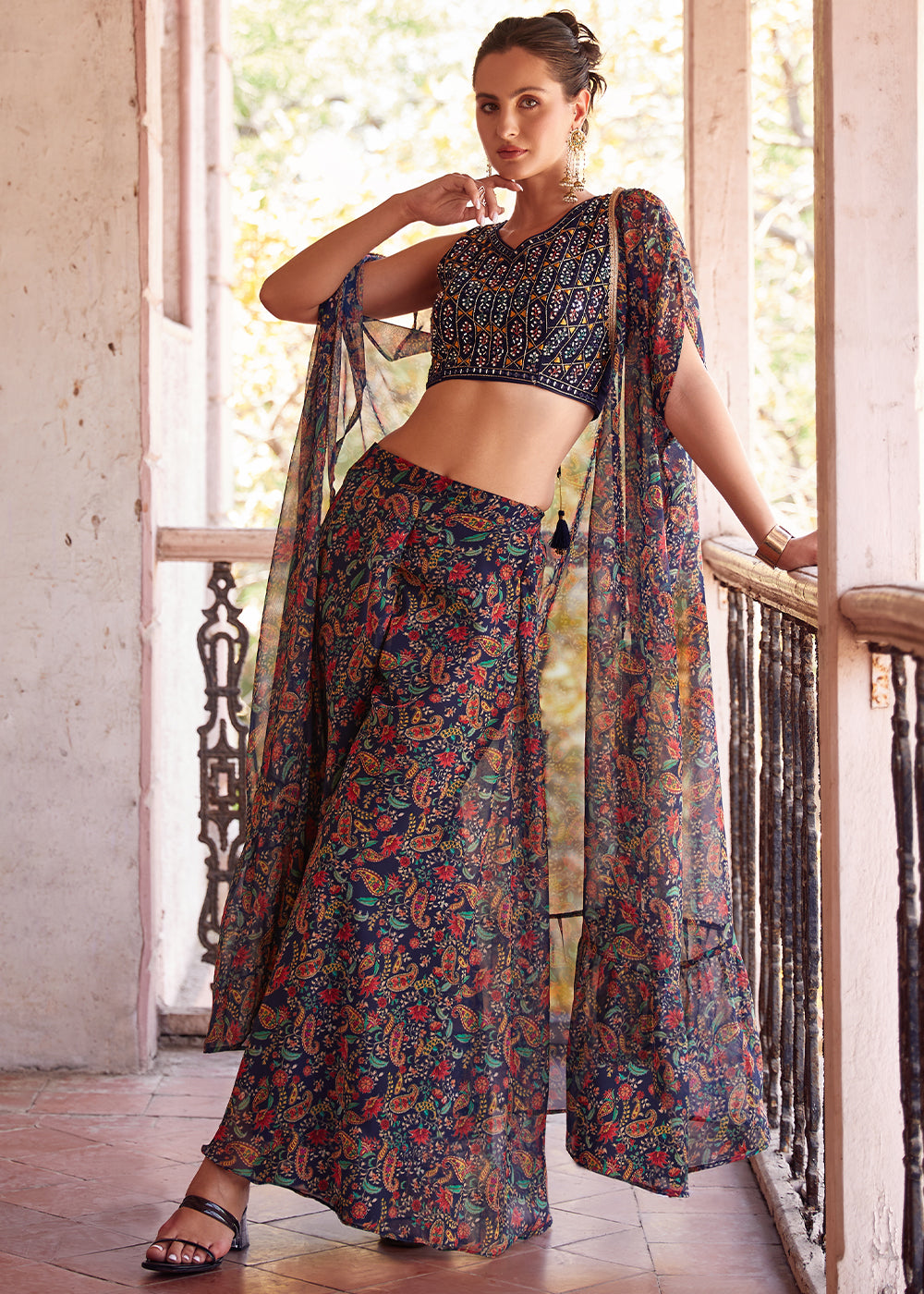 Shades Of Blue Georgette Sharara Choli with Embroidery work