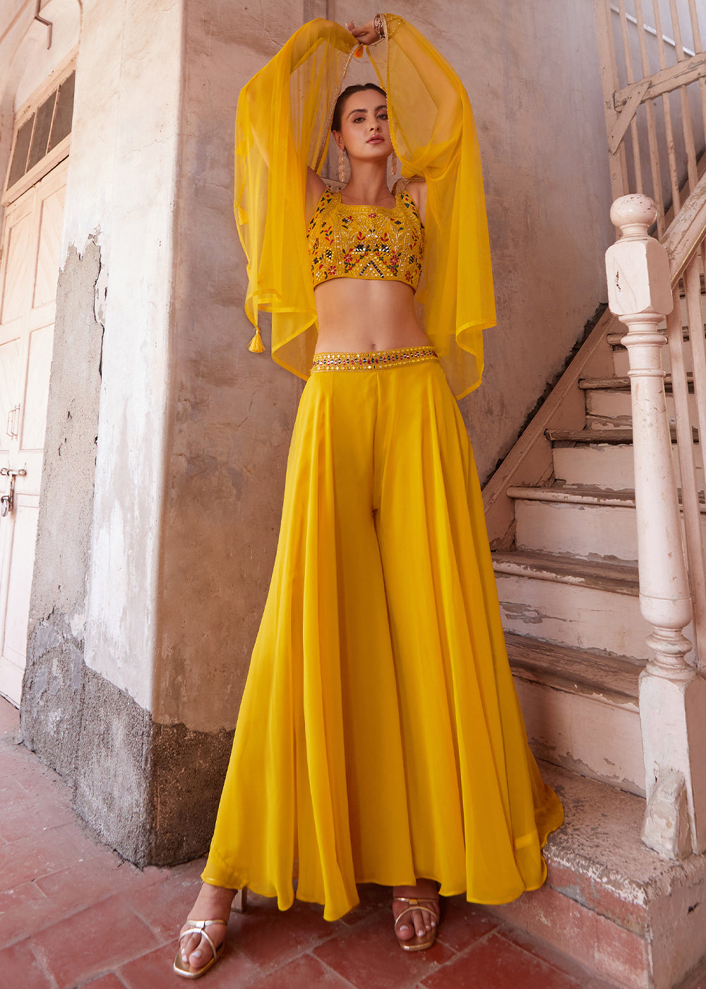 Aureolin Yellow Georgette Sharara Choli with Embroidery work