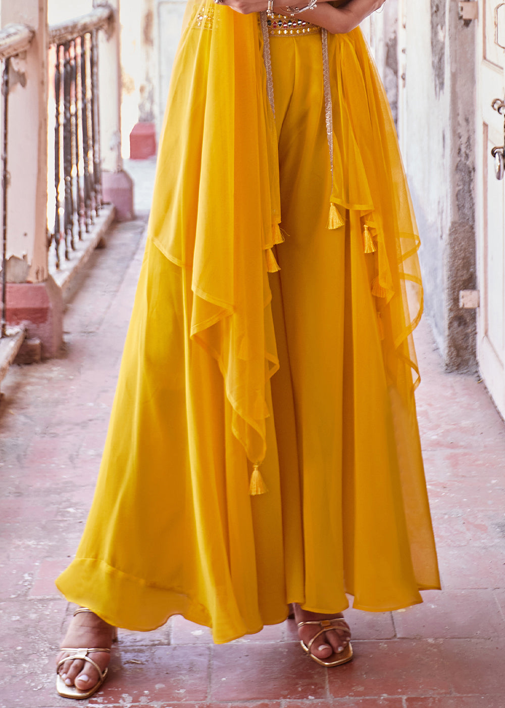 Aureolin Yellow Georgette Sharara Choli with Embroidery work