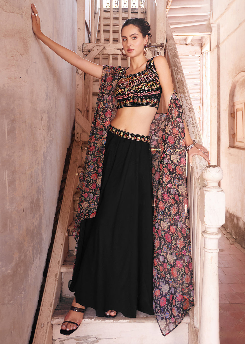 Onyx Black Georgette Sharara Choli with Embroidery work