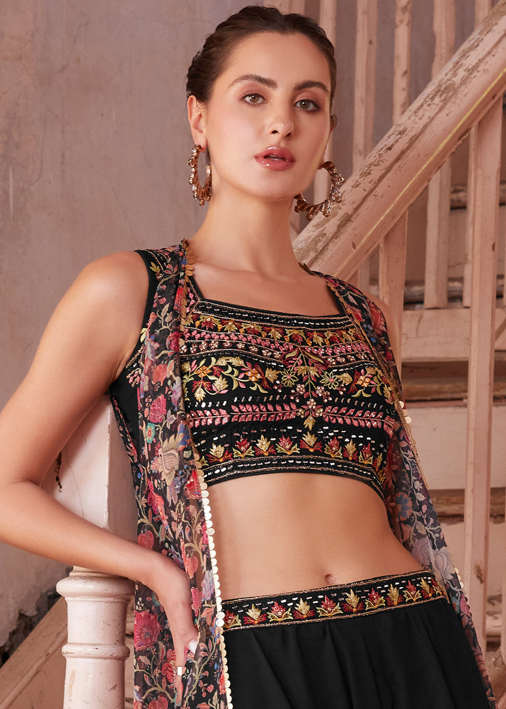 Onyx Black Georgette Sharara Choli with Embroidery work