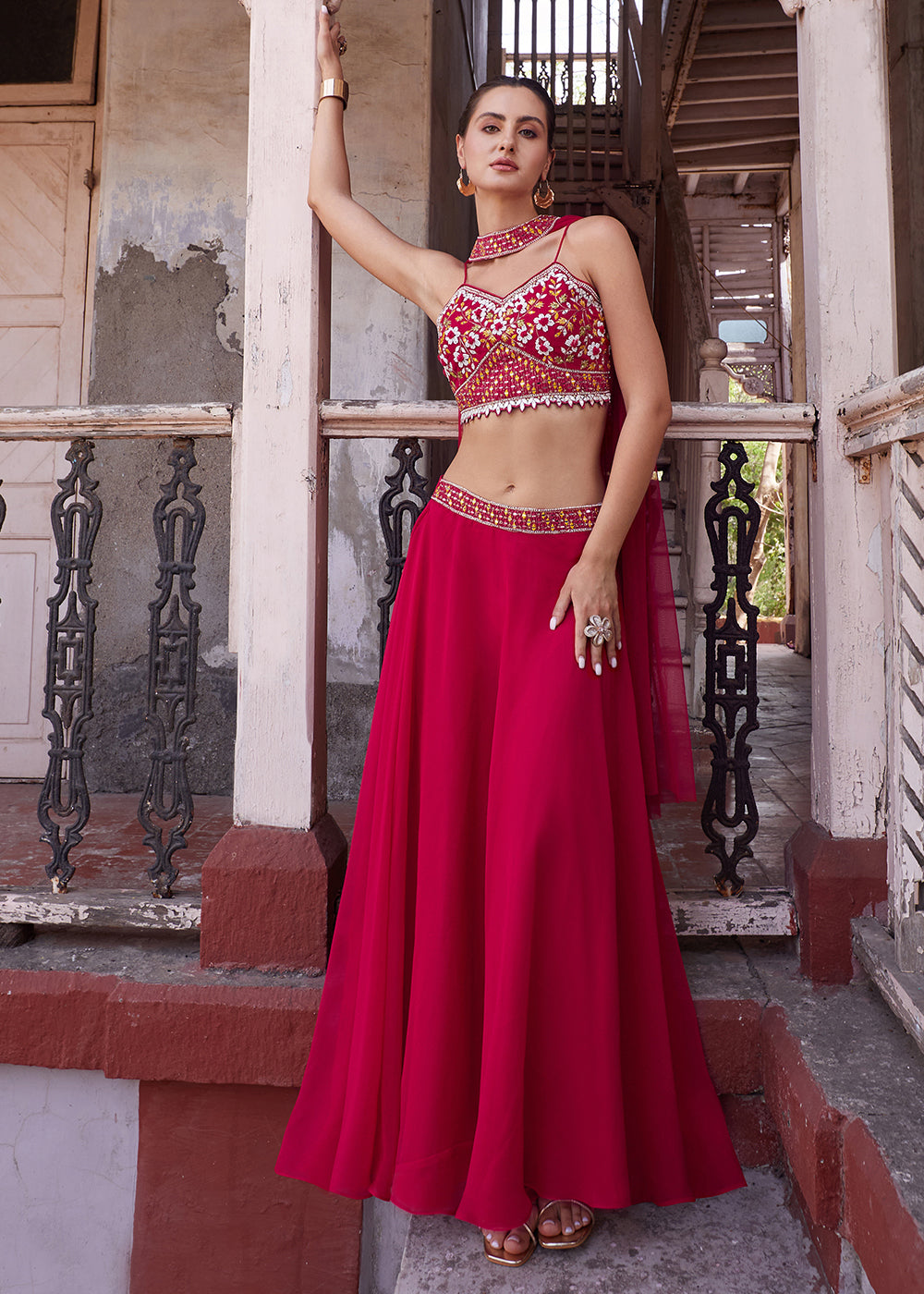 Ruby Pink Georgette lehenga Choli with Embroidery work