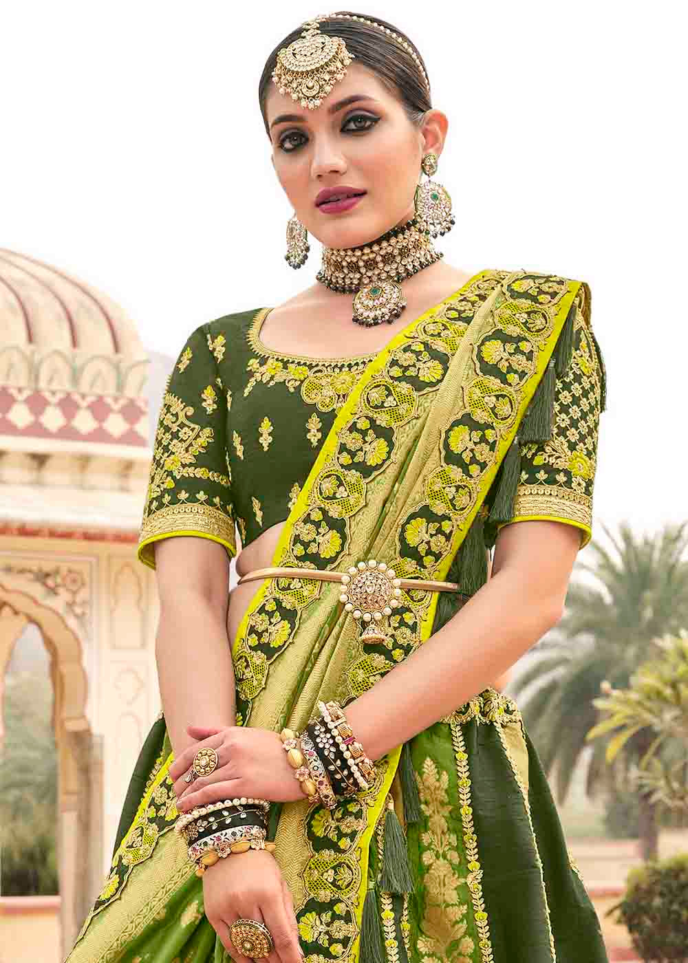 Shades Of Green Banarasi Silk Lehenga Choli with Khatli work Embroidery