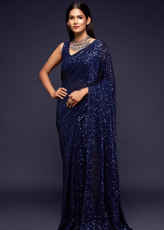 Berry Blue Sequins & Thread Embroidered Designer Georgette Saree : Top Pick