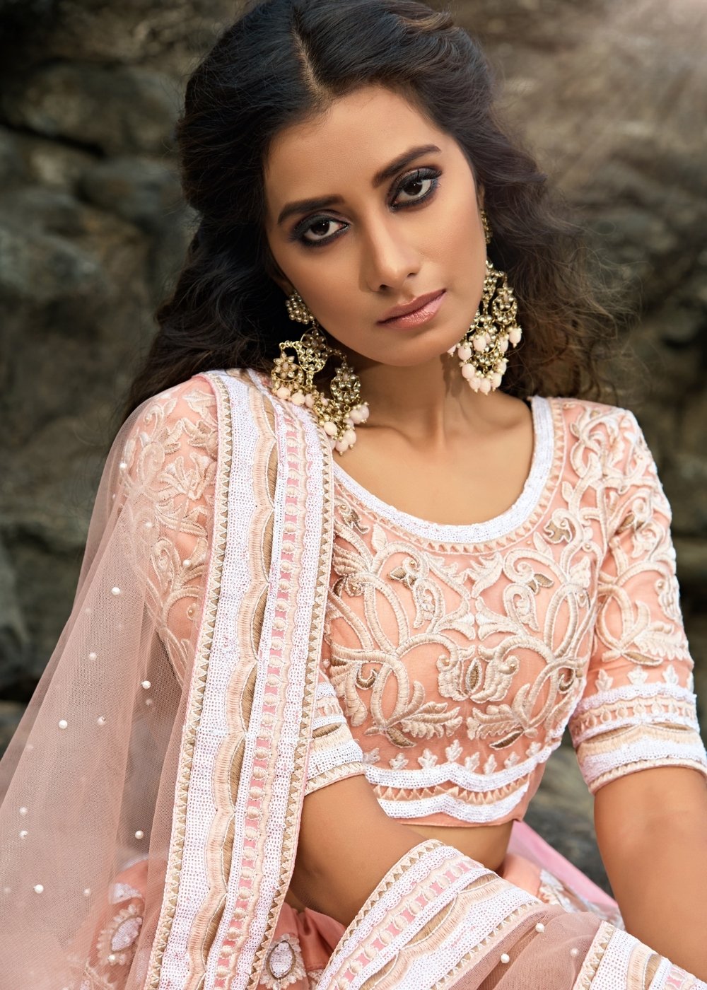 Peach Pink Designer Soft Net Lehenga Choli with Sequins, Thread & Zari work