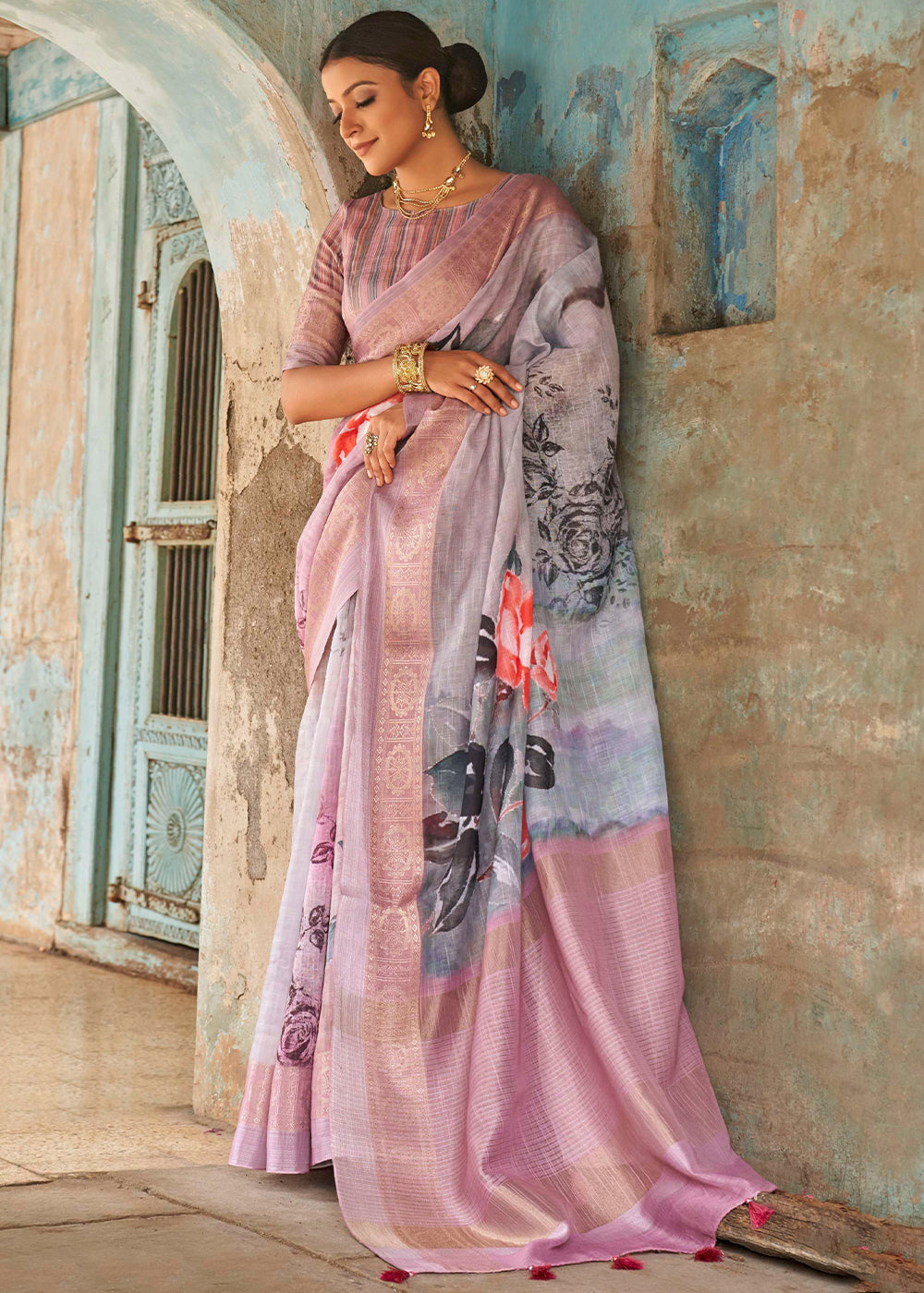 Shades Of Pink Floral Printed linen Saree with Zari Border