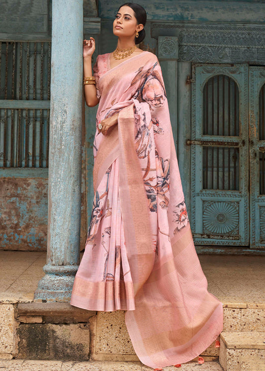 Peach Pink Floral Printed linen Saree with Zari Border