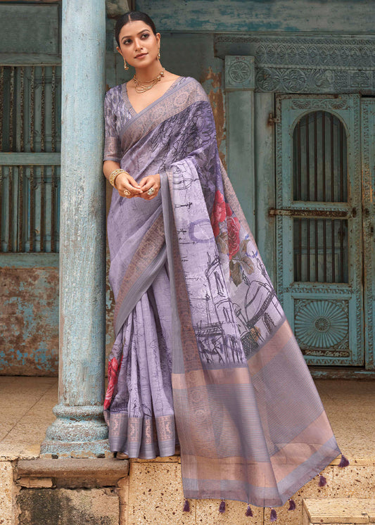 Shades Of Purple Floral Printed linen Saree with Zari Border