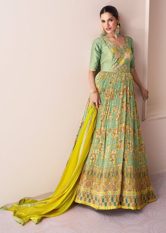 Pastel Green Chinon Silk Anarkali Gown with Intricate Embroidery work