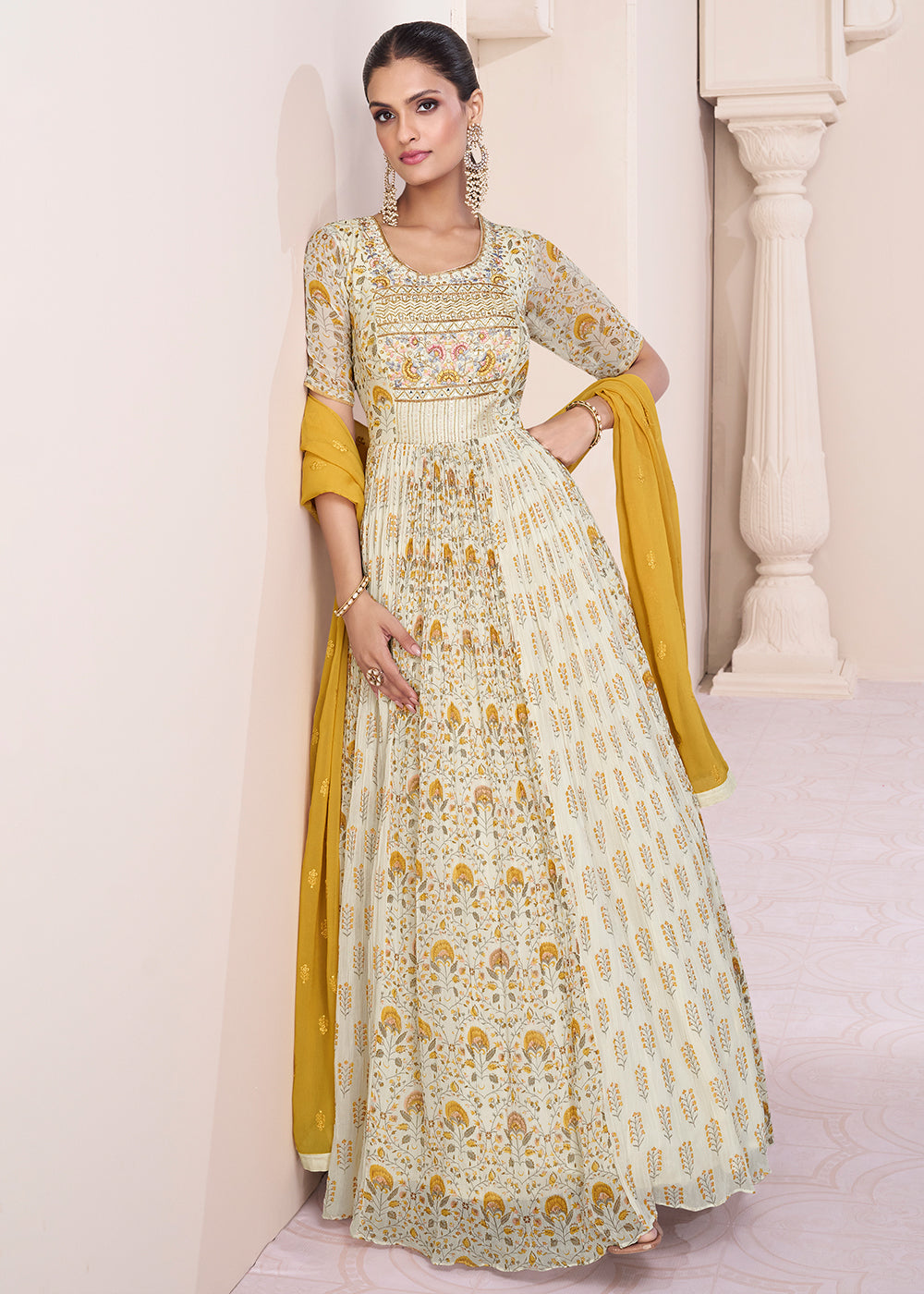 Parchment White Georgette Anarkali Gown with Intricate Embroidery work