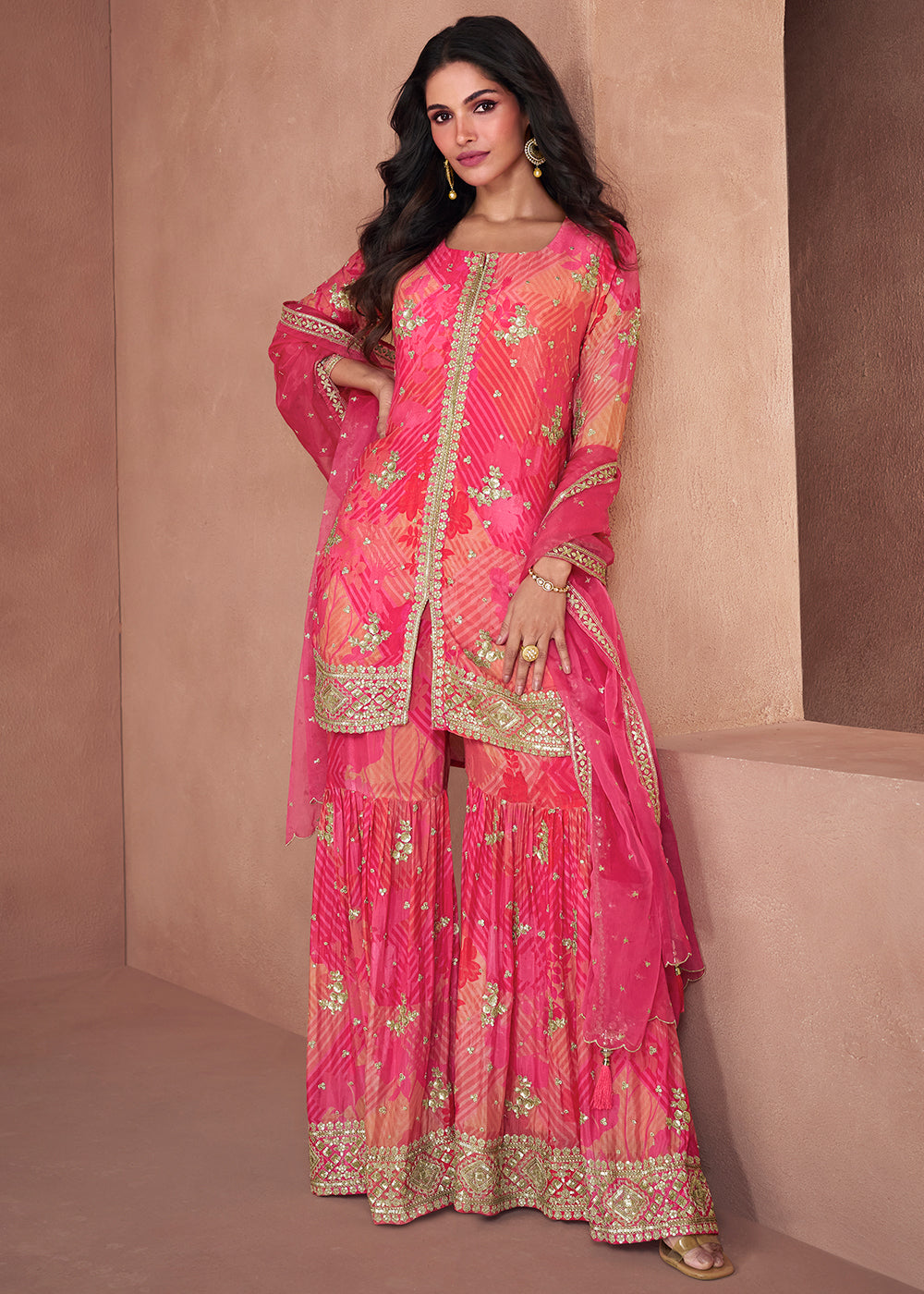 Shades Of Pink Floral Printed Georgette Sharara Suit with Sequence work