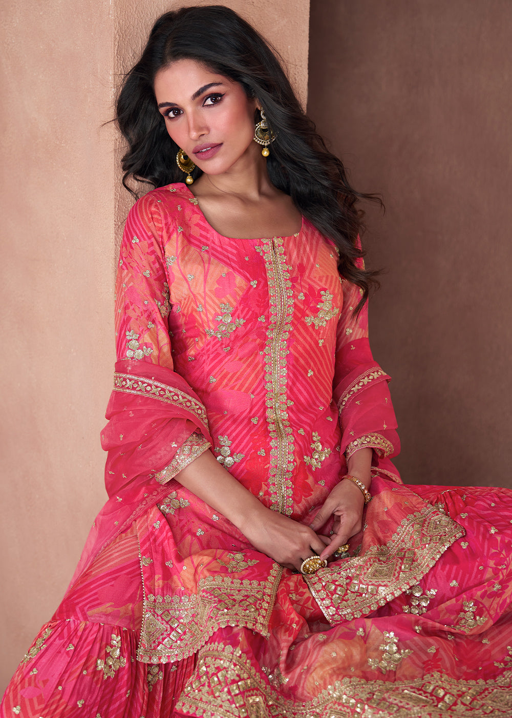 Shades Of Pink Floral Printed Georgette Sharara Suit with Sequence work