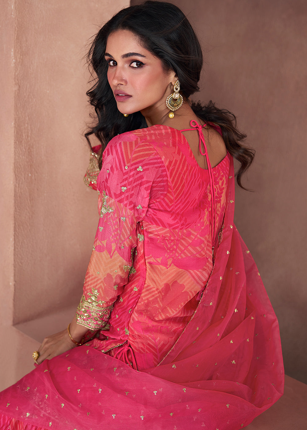 Shades Of Pink Floral Printed Georgette Sharara Suit with Sequence work