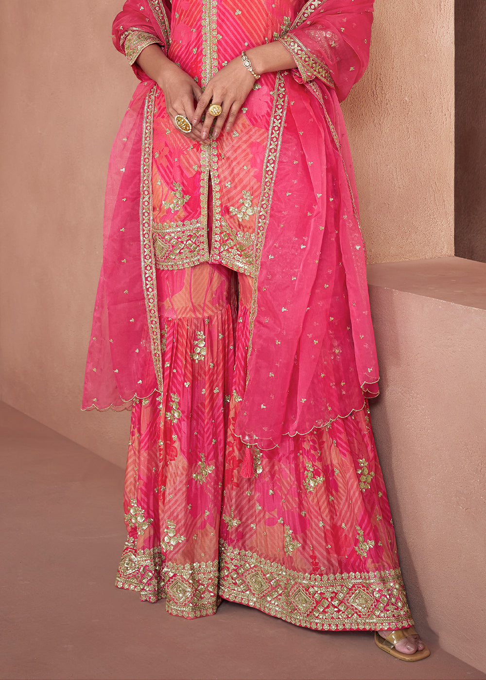 Shades Of Pink Floral Printed Georgette Sharara Suit with Sequence work