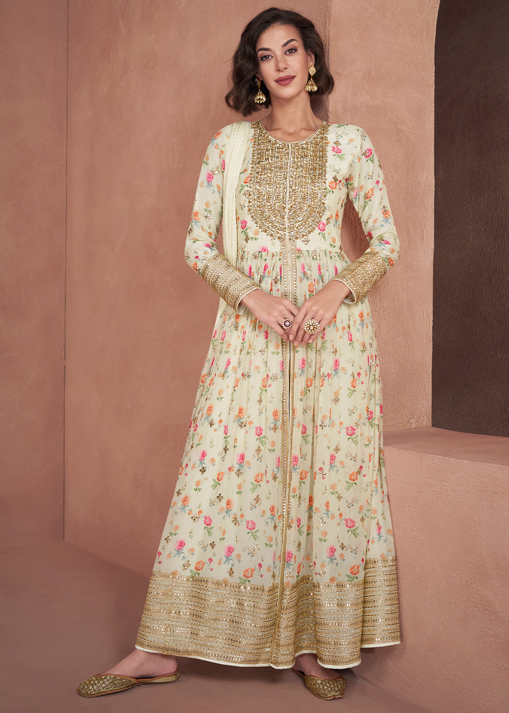 Rice White Floral Printed Georgette Anarkali Suit with Embroidery work