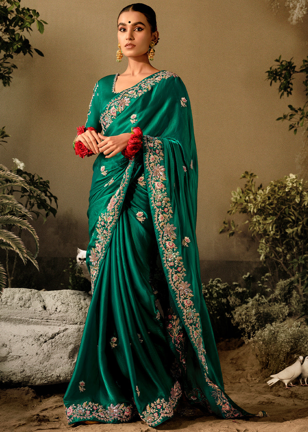 Dark Greasy Green Dola Silk Saree with Hand Embroidery work