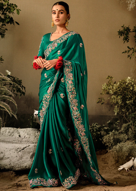 Dark Greasy Green Dola Silk Saree with Hand Embroidery work