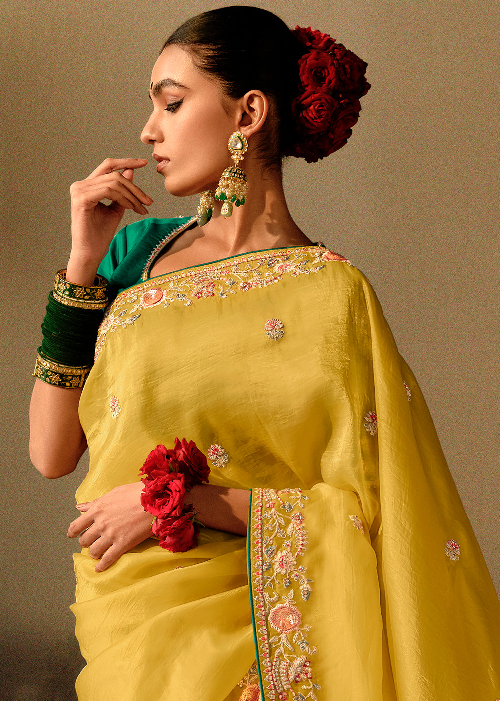 Dandelion Yellow Dola Silk Saree with Hand Embroidery work