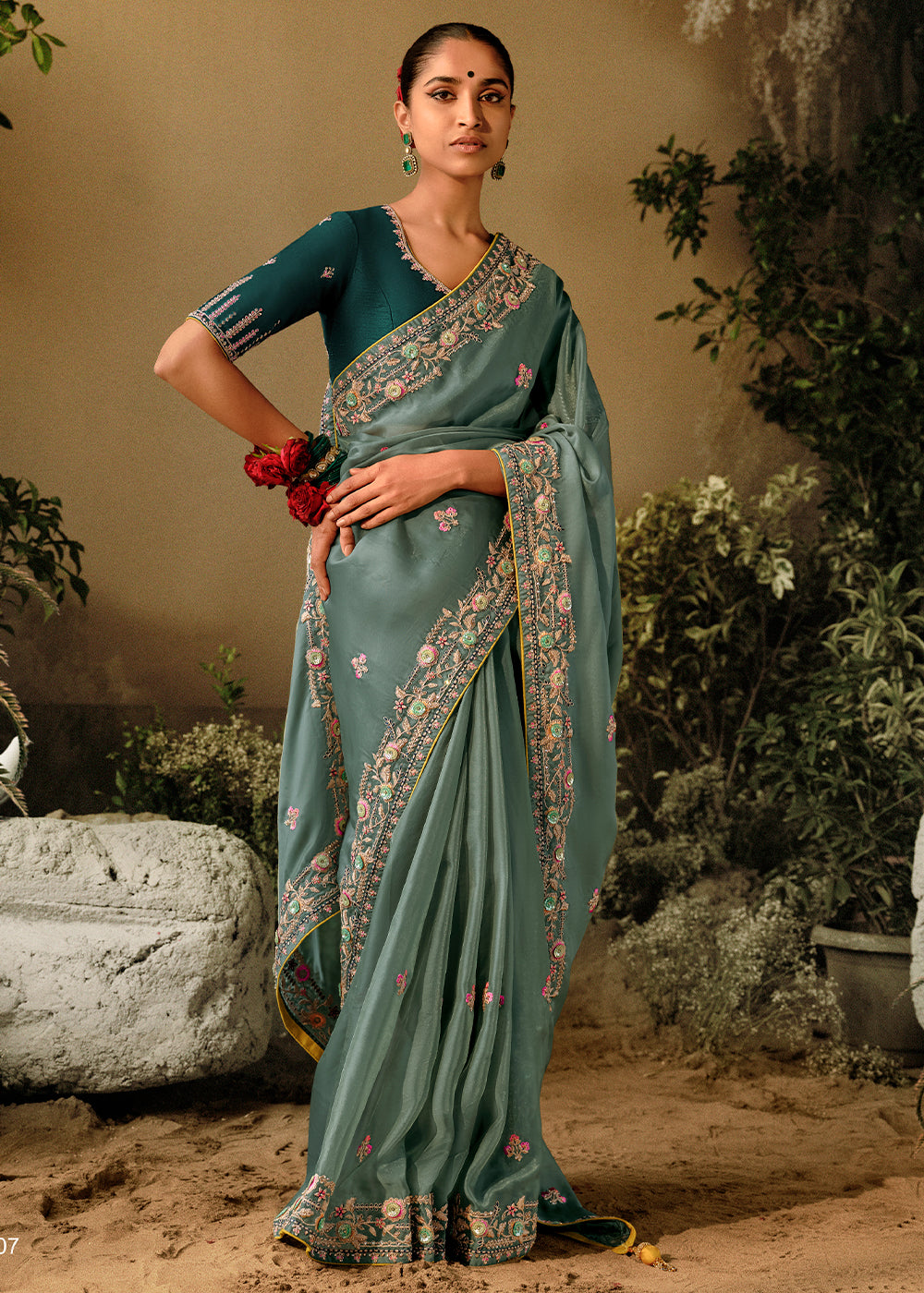 Stone Blue Dola Silk Saree with Hand Embroidery work