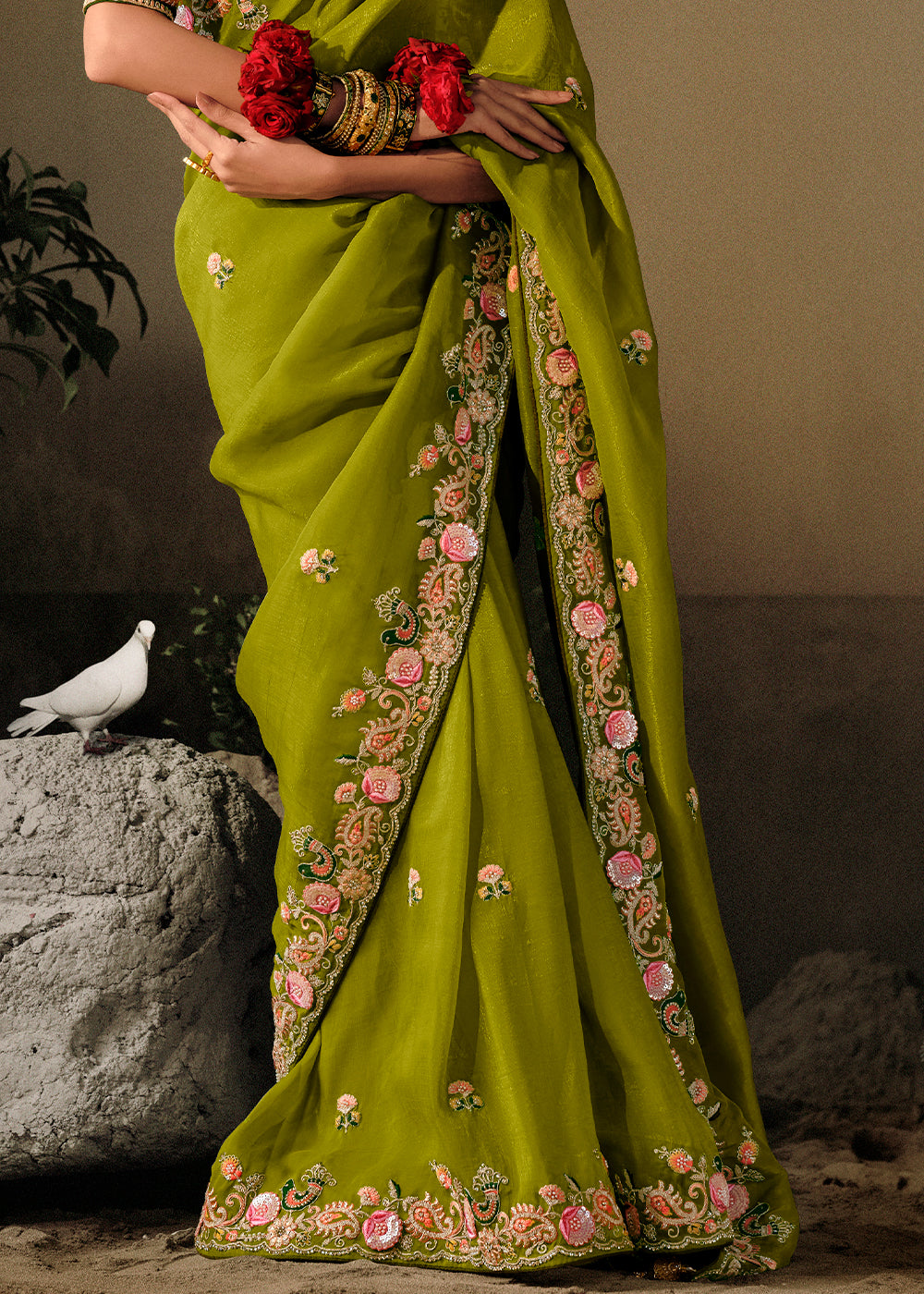 Avocado Green Dola Silk Saree with Hand Embroidery work