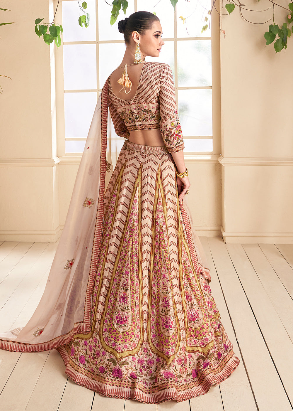 Beige Brown & Pink Floral Printed Silk lehenga Choli with Embroidery work