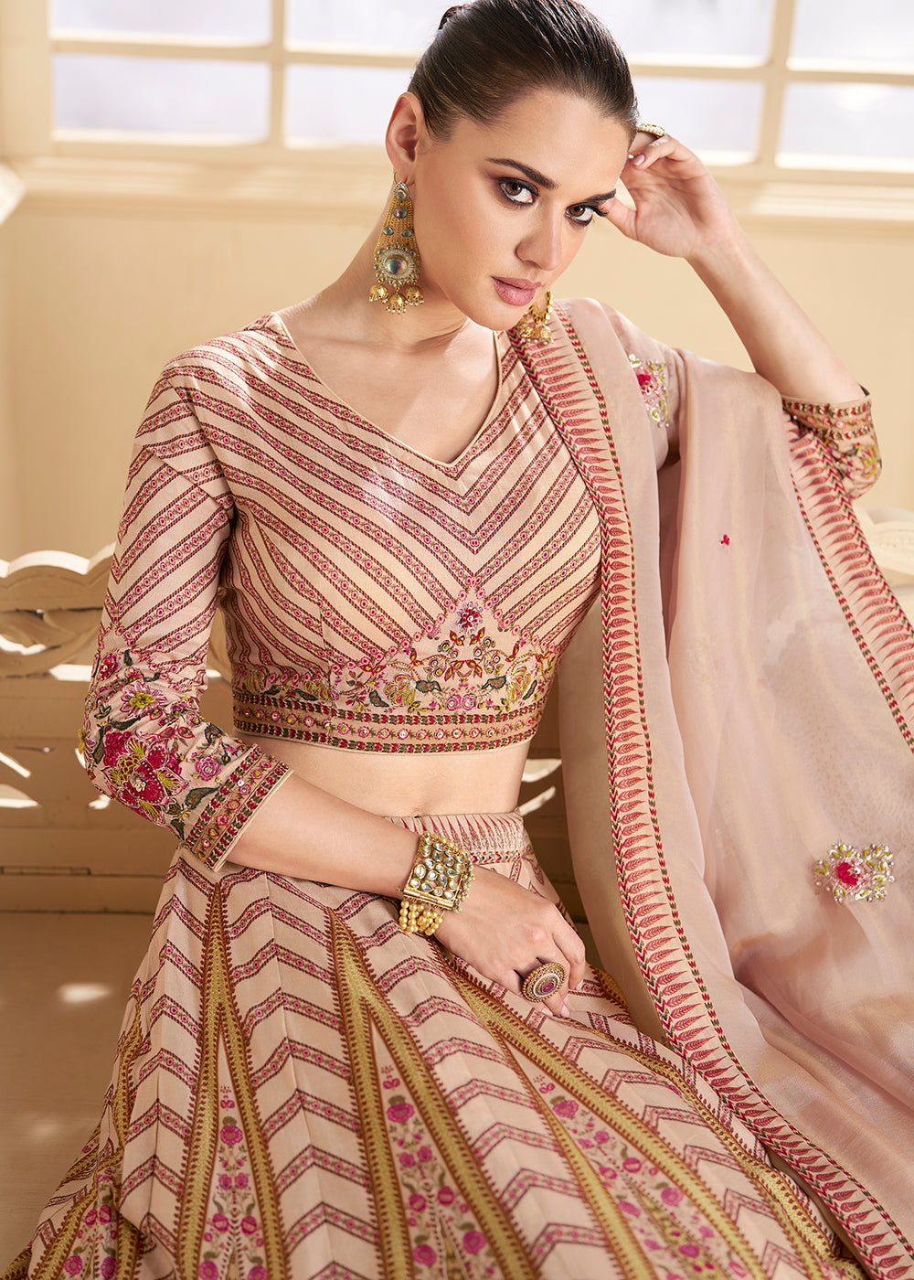 Beige Brown & Pink Floral Printed Silk lehenga Choli with Embroidery work