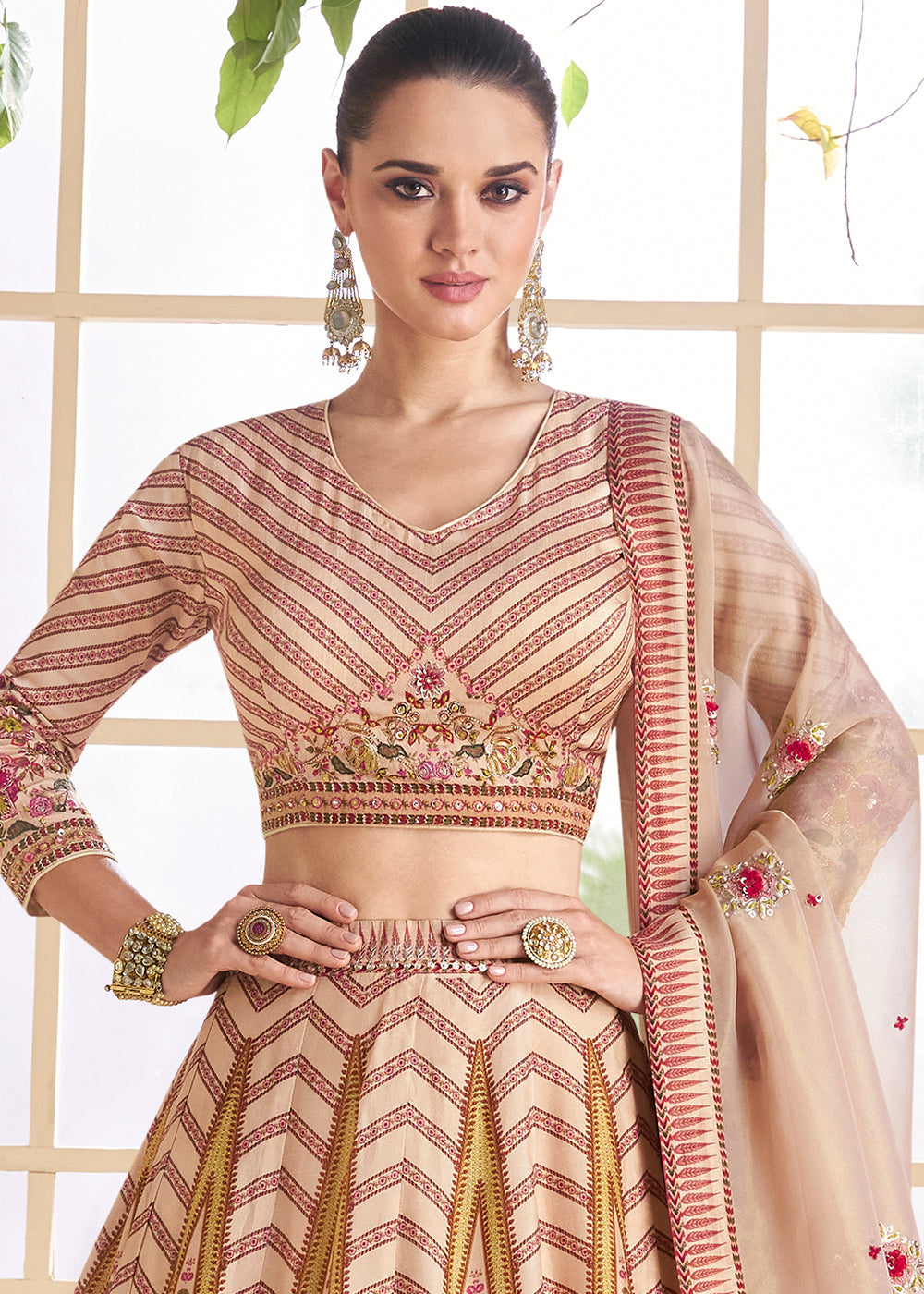 Beige Brown & Pink Floral Printed Silk lehenga Choli with Embroidery work