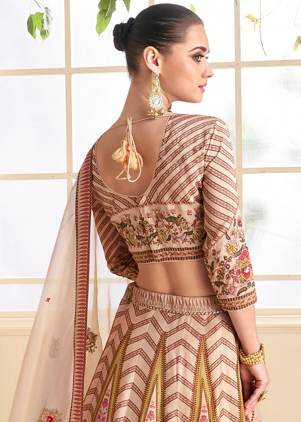 Beige Brown & Pink Floral Printed Silk lehenga Choli with Embroidery work