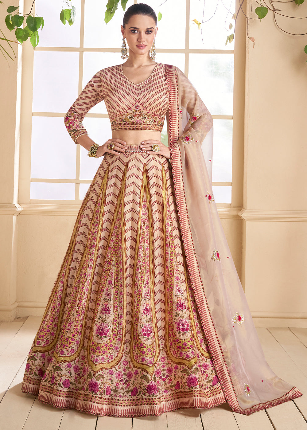 Beige Brown & Pink Floral Printed Silk lehenga Choli with Embroidery work