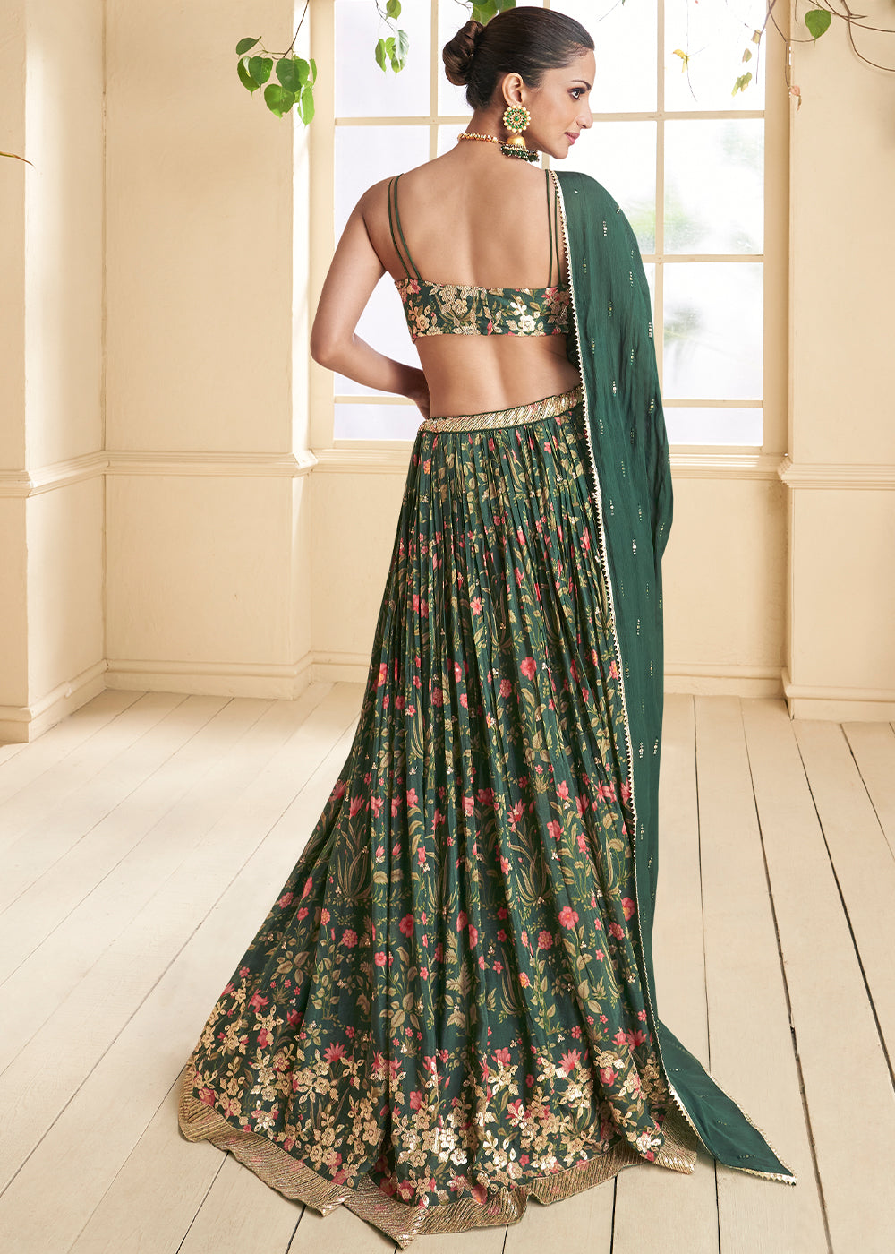 Dark Green Floral Printed Georgette lehenga Choli with Embroidery work