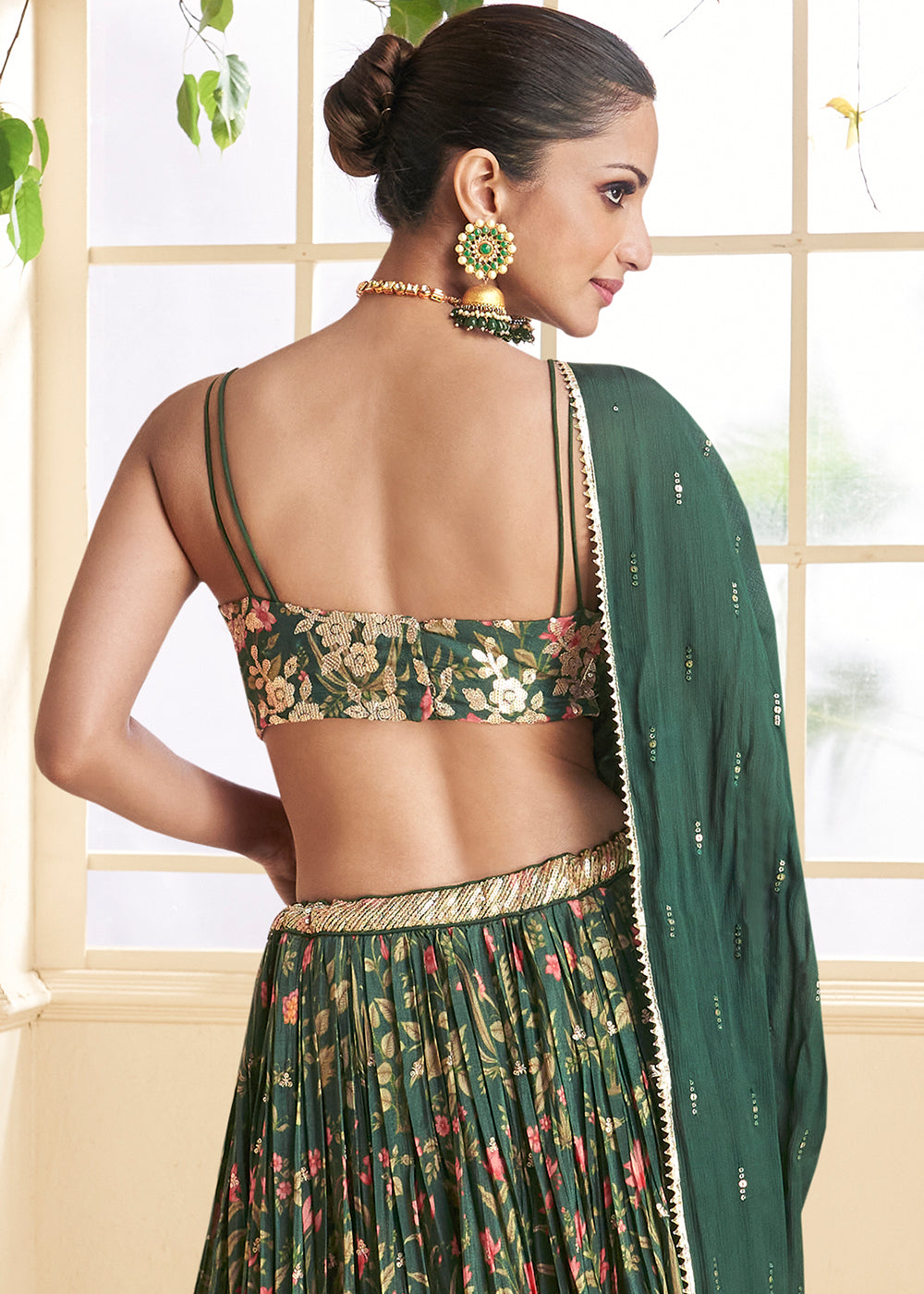 Dark Green Floral Printed Georgette lehenga Choli with Embroidery work