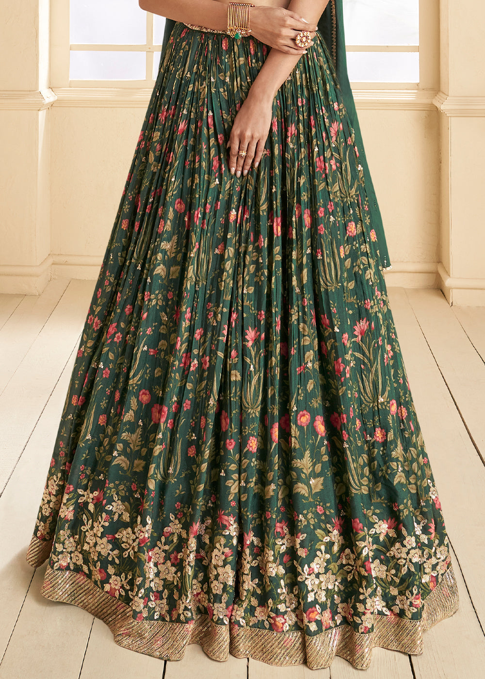 Dark Green Floral Printed Georgette lehenga Choli with Embroidery work