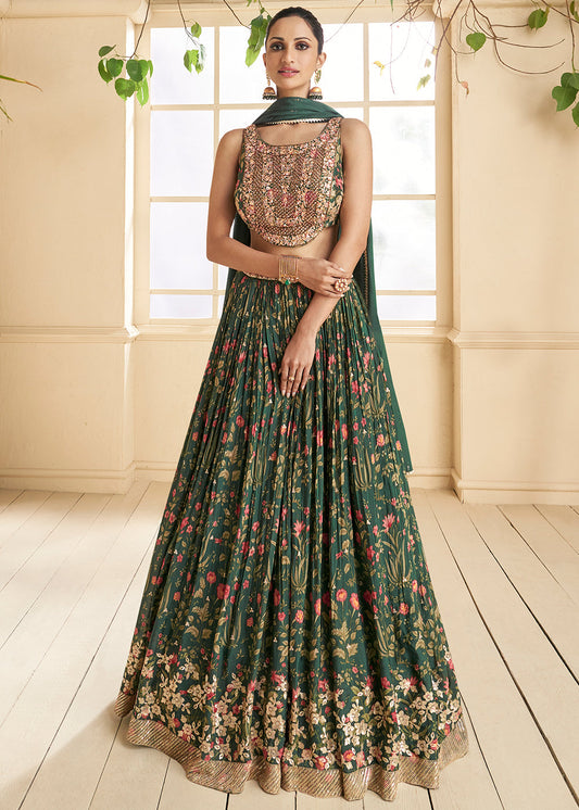 Dark Green Floral Printed Georgette lehenga Choli with Embroidery work