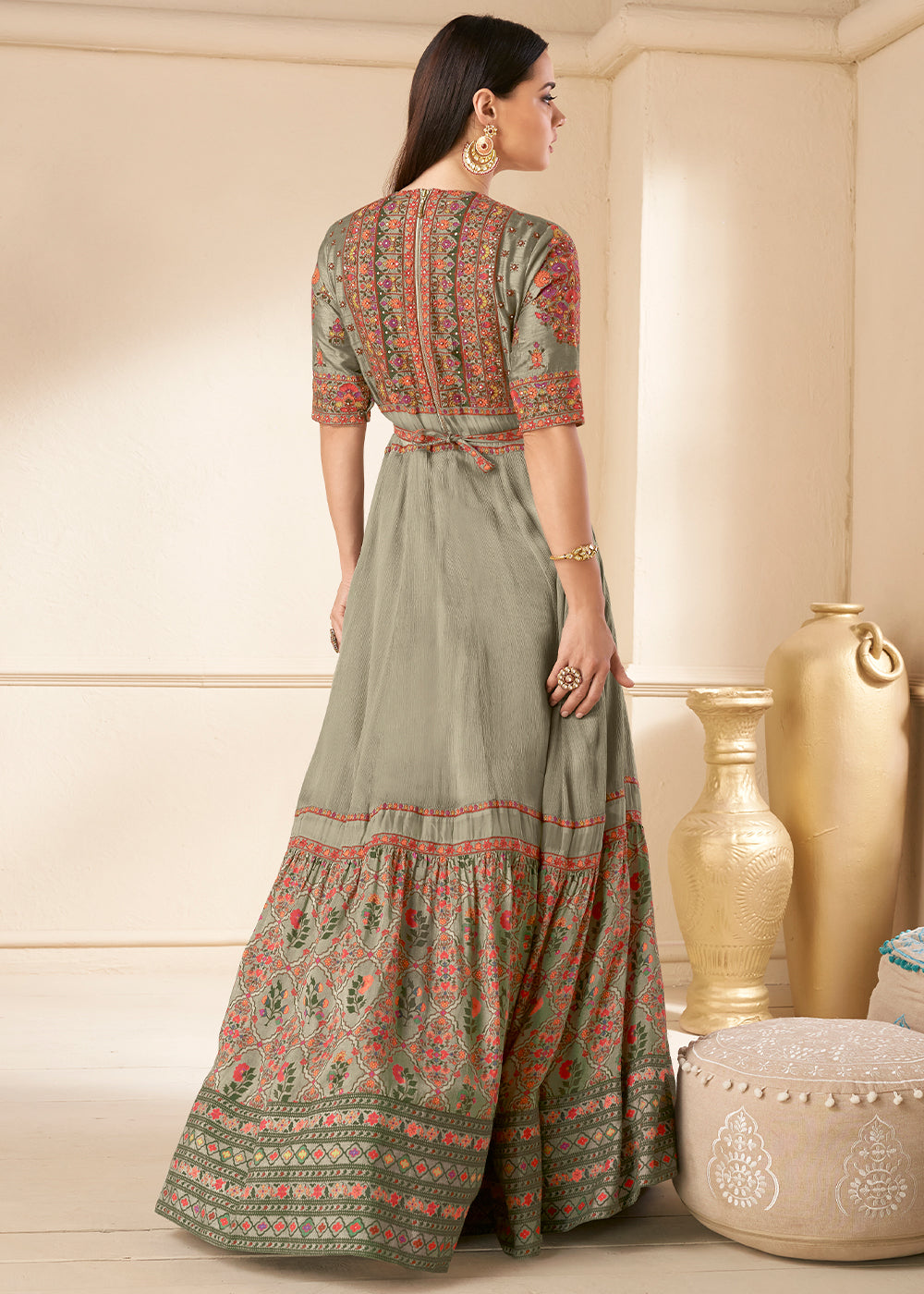 Shades Of Green Designer Georgette  Anarkali Suit with Embroidery work