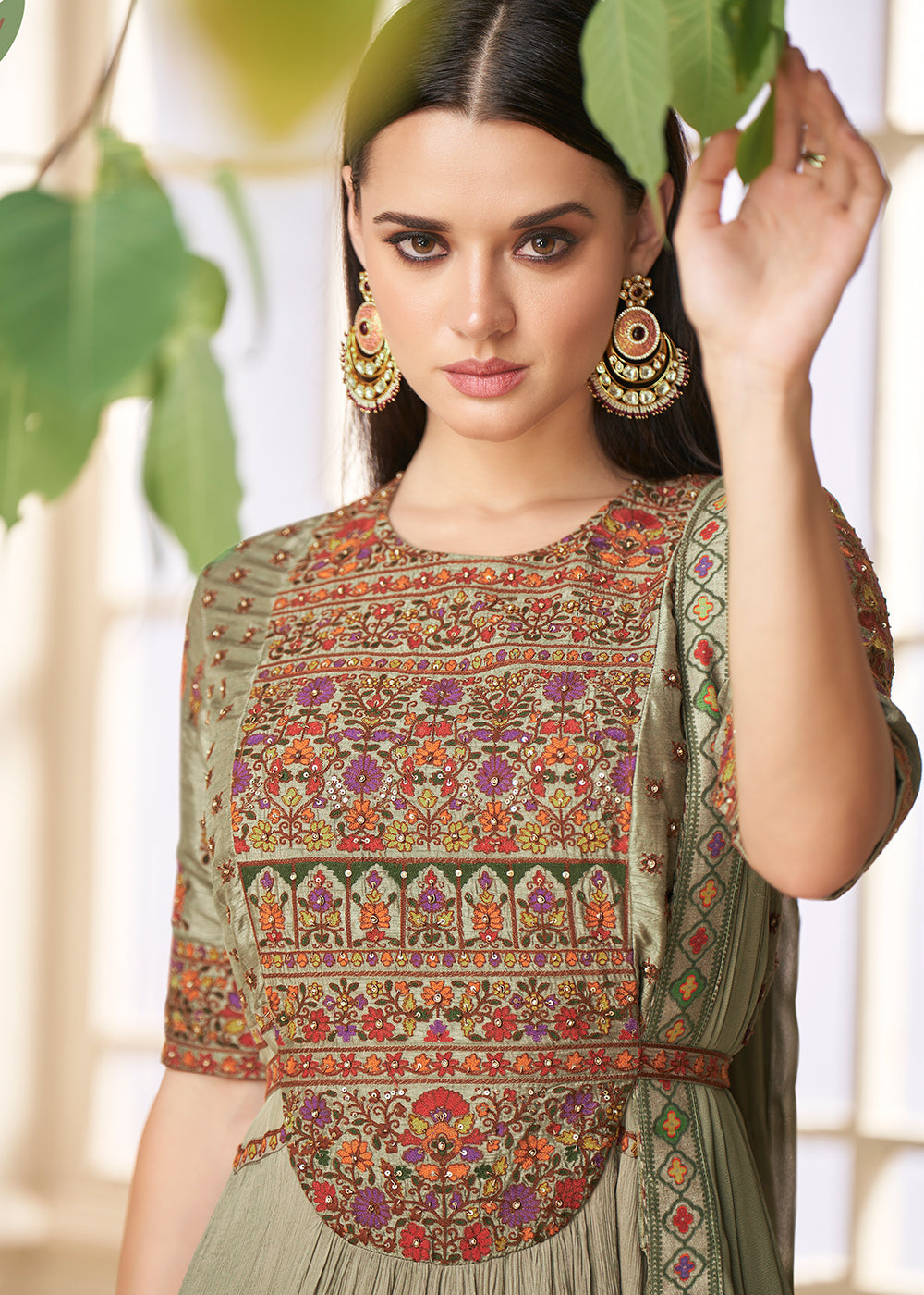 Shades Of Green Designer Georgette  Anarkali Suit with Embroidery work