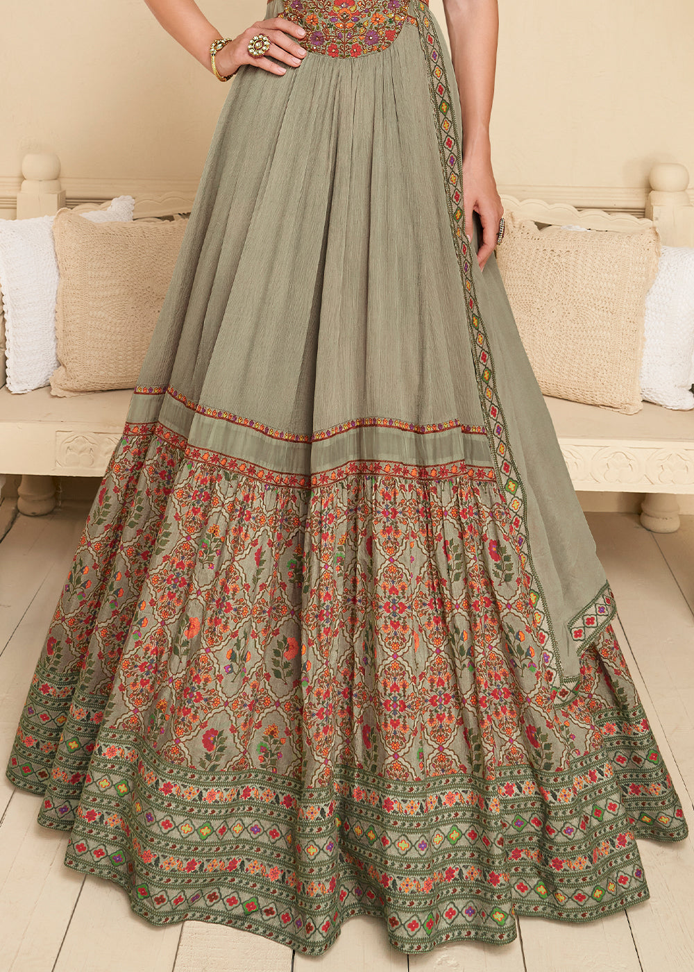 Shades Of Green Designer Georgette  Anarkali Suit with Embroidery work